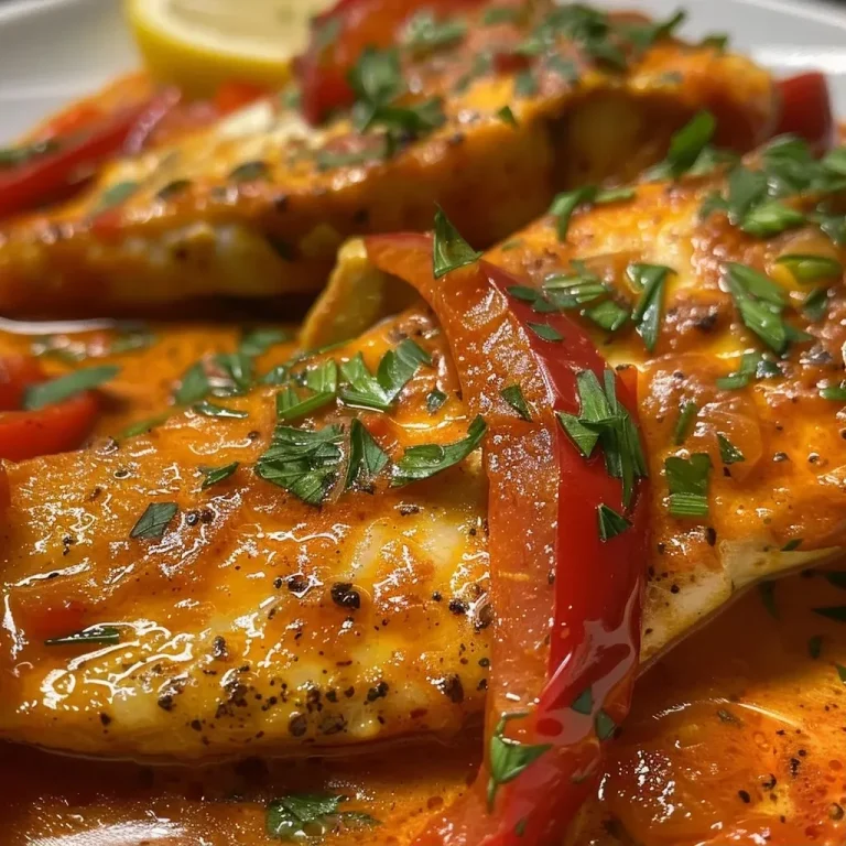 ['Juicy tilapia fillet covered in a vibrant roasted pepper sauce, garnished with fresh parsley.', 'A close-up view of tilapia in a rich roasted pepper sauce, showcasing its creamy texture and colorful ingredients.', 'Side view of a delicious tilapia dish featuring roasted red pepper sauce, butter, and herbs.', 'Close-up of tilapia fillets in a savory roasted pepper sauce, highlighting the creamy blend and garnishing.']