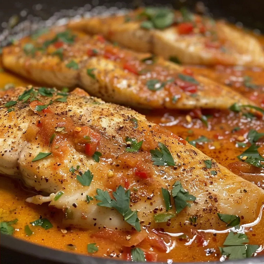 ['Juicy tilapia fillet covered in a vibrant roasted pepper sauce, garnished with fresh parsley.', 'A close-up view of tilapia in a rich roasted pepper sauce, showcasing its creamy texture and colorful ingredients.', 'Side view of a delicious tilapia dish featuring roasted red pepper sauce, butter, and herbs.', 'Close-up of tilapia fillets in a savory roasted pepper sauce, highlighting the creamy blend and garnishing.']