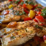 ['Close-up side view of cooked tilapia fillets garnished with bell peppers and garlic.', 'Freshly prepared tilapia fillets with vibrant red bell peppers and herbs presented beautifully.', 'Delicious tilapia dish showcasing bright red peppers and garlic, captured in detail.', "Juicy tilapia fillets served alongside colorful vegetables, highlighting the meal's appeal."]