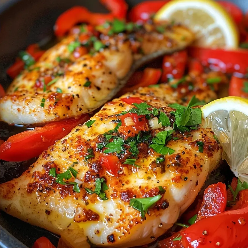 Close-up side view of cooked tilapia fillets garnished with bell peppers and garlic.