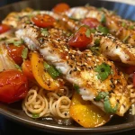 ['A vibrant bowl of tilapia rice noodles stir-fry with colorful vegetables.', 'Close-up of stir-fried tilapia and rice noodles, showcasing juicy fish and fresh ingredients.', 'Side view of a delicious tilapia noodle dish, featuring bell peppers and tomatoes.', 'A tantalizing plate of tilapia rice noodles stir-fry, highlighting the textures of the meal.']