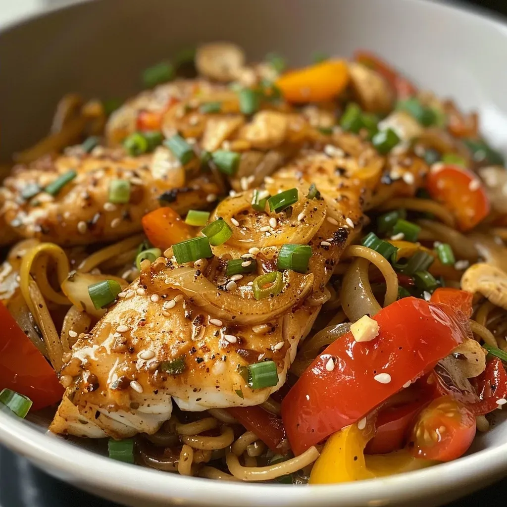 ['A vibrant bowl of tilapia rice noodles stir-fry with colorful vegetables.', 'Close-up of stir-fried tilapia and rice noodles, showcasing juicy fish and fresh ingredients.', 'Side view of a delicious tilapia noodle dish, featuring bell peppers and tomatoes.', 'A tantalizing plate of tilapia rice noodles stir-fry, highlighting the textures of the meal.']