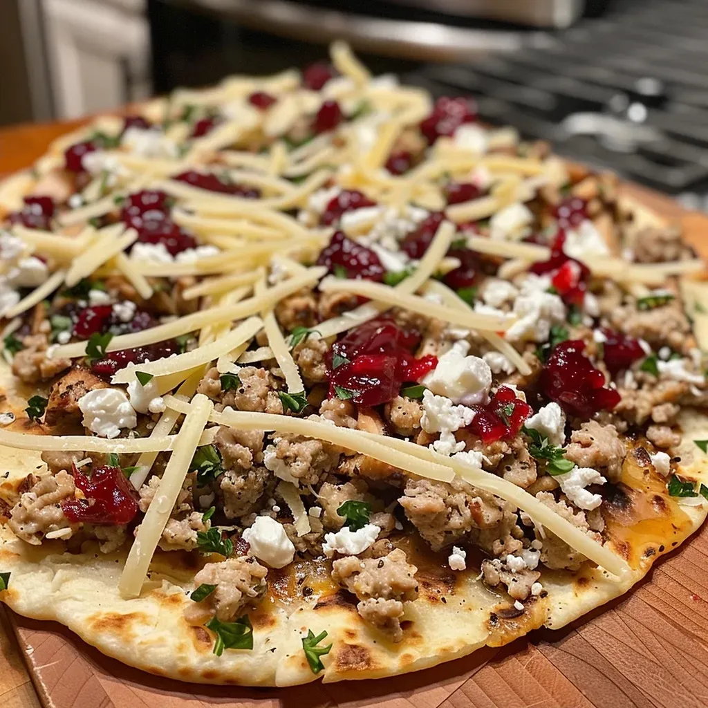 Close-up view of juicy turkey flatbreads with fresh ingredients and creamy toppings.
