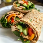 ['A colorful turkey hummus veggie wrap with fresh ingredients, sliced and presented on a plate.', 'A close-up view of a whole wheat tortilla wrap filled with turkey, hummus, and vibrant vegetables.', 'A juicy turkey and veggie wrap, showcasing layers of fresh cucumber, bell peppers, and greens.', 'A side view of a delicious turkey wrap, highlighting the colorful filling and tortilla exterior.']