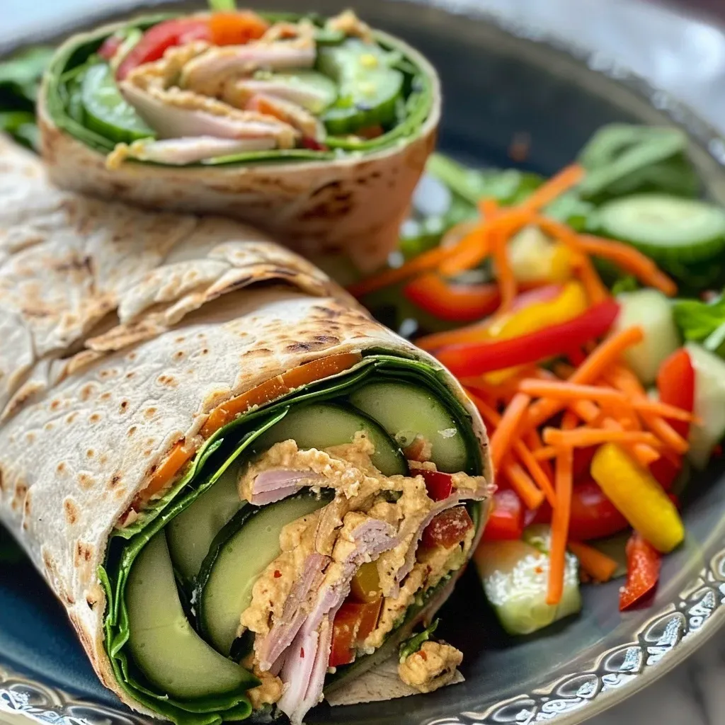 A colorful turkey hummus veggie wrap with fresh ingredients, sliced and presented on a plate.