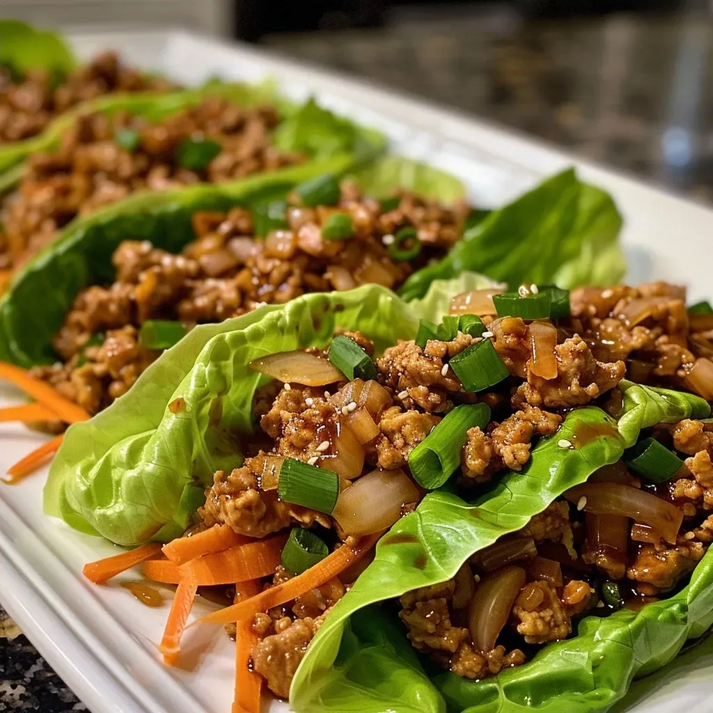 ['Juicy turkey lettuce wraps filled with colorful ingredients and garnished with green onions.', 'Close-up of turkey lettuce wraps showcasing ground turkey and fresh veggies, served in butter lettuce.', 'Delicious turkey wraps with garlic ginger sauce, arranged neatly on a plate with vibrant toppings.', 'A side view of lettuce wraps filled with ground turkey, garlic, ginger, and crunchy water chestnuts.']