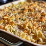 ['Close-up side view of a steaming Turkey Noodle Casserole with golden brown topping.', 'Juicy Turkey Noodle Casserole featuring noodles, turkey, and cheese, served in a cozy dish.', 'A delicious portion of Turkey Noodle Casserole with visible ingredients like turkey, noodles, and cheese.', 'Turkey Noodle Casserole with a crispy cracker topping, served in a round baking dish.']