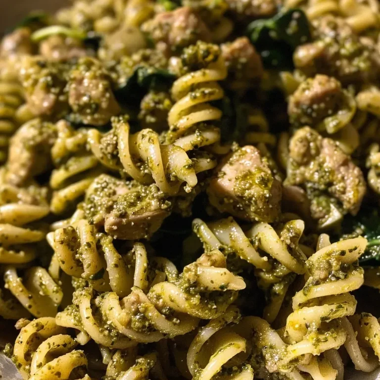 ['Close-up view of a bowl of Turkey Pesto Pasta garnished with fresh spinach.', 'Side view of a delicious serving of Turkey Pesto Pasta with ground turkey and colorful vegetables.', 'Juicy Turkey Pesto Pasta in a bowl, featuring a mix of pasta and vibrant greens.', 'Close-up photo of Turkey Pesto Pasta, highlighting the texture of the dish and the ingredients.']