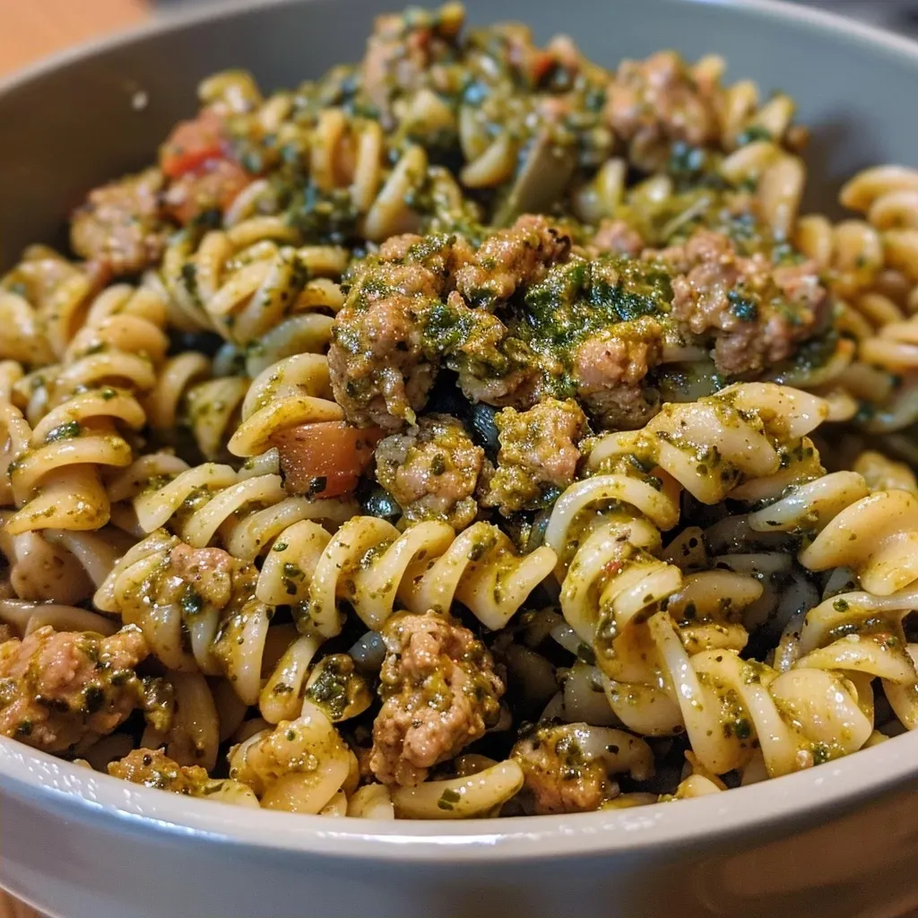 Close-up view of a bowl of Turkey Pesto Pasta garnished with fresh spinach.