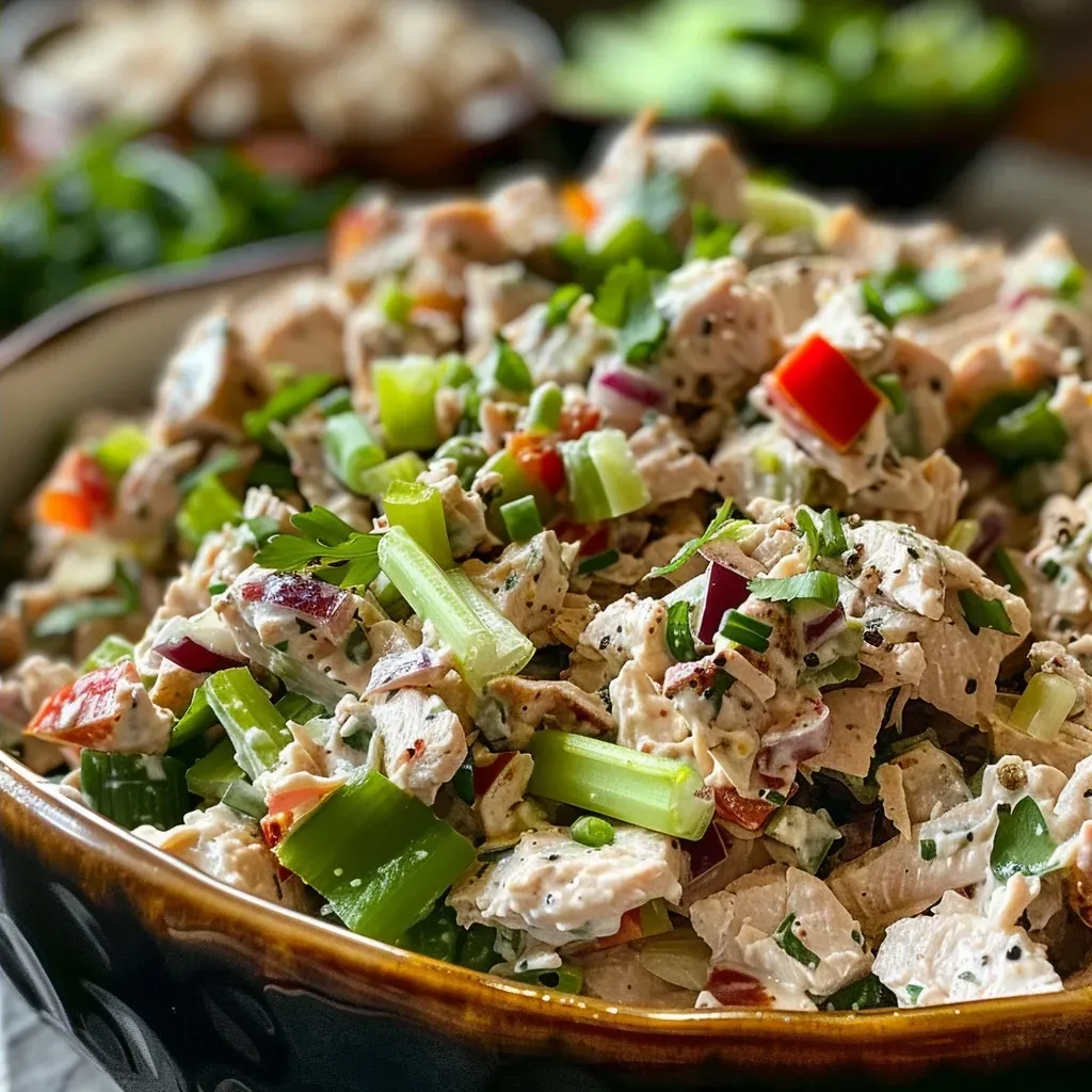 Close-up view of a vibrant turkey salad with fresh vegetables.