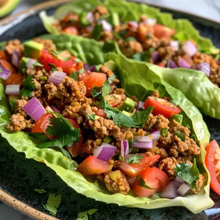 ['A close-up view of turkey taco lettuce wraps filled with colorful ingredients.', 'Juicy turkey taco lettuce wraps with diced avocado and cherry tomatoes on a wooden plate.', 'A side perspective of fresh lettuce wraps loaded with ground turkey and topped with crema.', 'Chewy turkey taco lettuce wraps featuring red onion and cilantro, garnished with lime slices.']