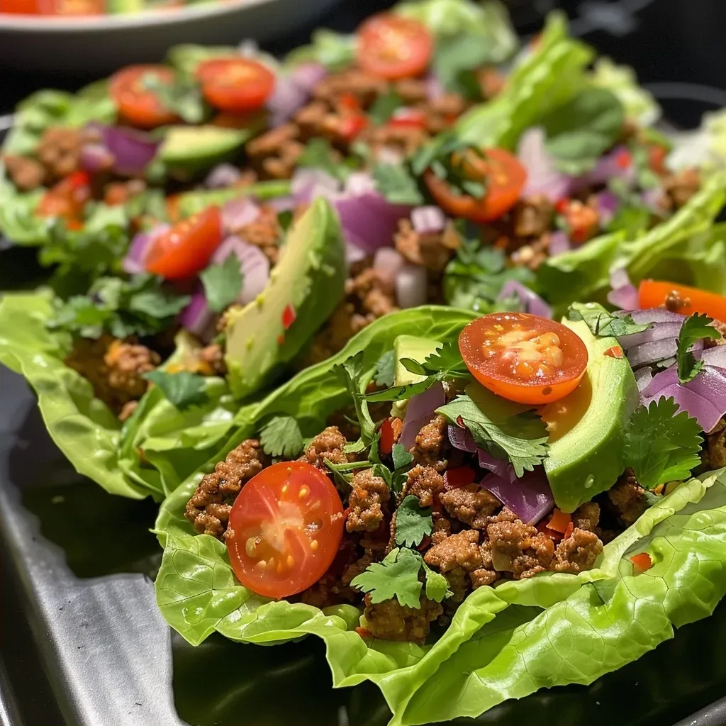 ['A close-up view of turkey taco lettuce wraps filled with colorful ingredients.', 'Juicy turkey taco lettuce wraps with diced avocado and cherry tomatoes on a wooden plate.', 'A side perspective of fresh lettuce wraps loaded with ground turkey and topped with crema.', 'Chewy turkey taco lettuce wraps featuring red onion and cilantro, garnished with lime slices.']