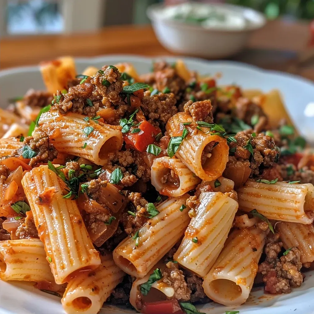 ['Close-up of a plate of Turkish pasta topped with ground beef and yogurt.', 'Side view of juicy Turkish pasta with tomato sauce and minced meat.', 'Textured close-up of Turkish pasta garnished with garlic yogurt and spices.', 'Detailed shot of Turkish pasta showcasing vibrant colors and rich ingredients.']