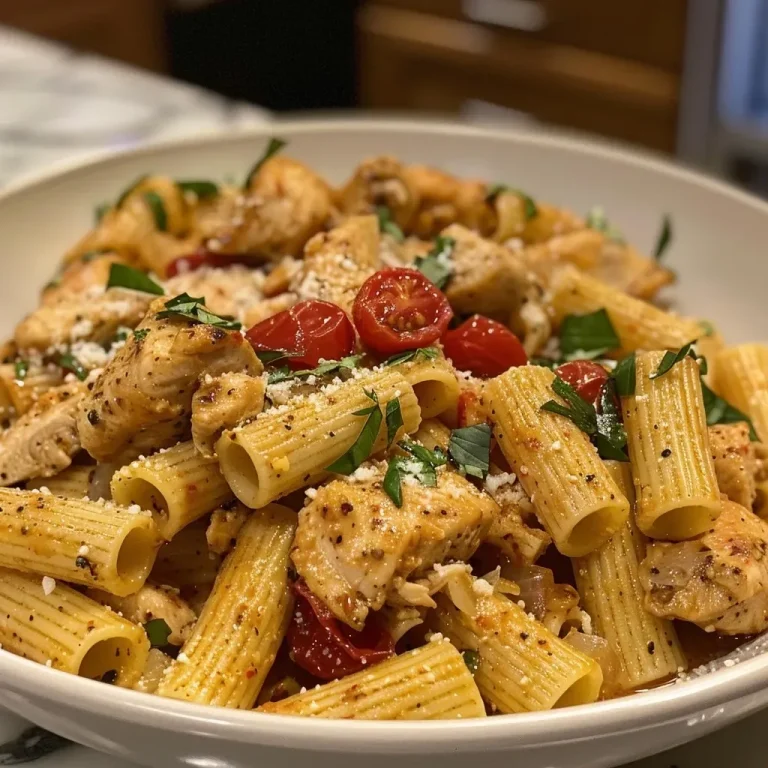 ['Close-up view of a plate of Tuscan Chicken Pasta with vibrant colors.', 'Side view of creamy Tuscan Chicken Pasta garnished with parsley and cherry tomatoes.', 'Delicious Tuscan Chicken Pasta dish showcasing rigatoni, chicken, and fresh spinach.', 'A rich plate of Tuscan Chicken Pasta featuring sun-dried tomatoes and parmesan cheese.']