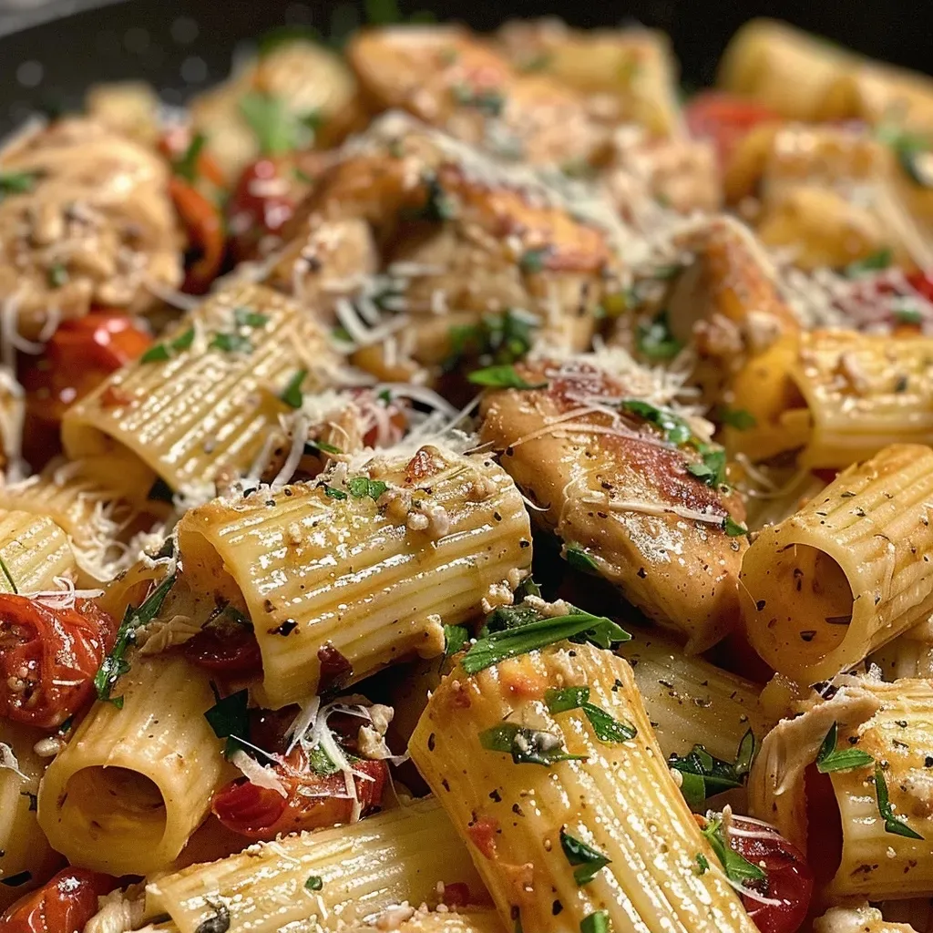 ['Close-up view of a plate of Tuscan Chicken Pasta with vibrant colors.', 'Side view of creamy Tuscan Chicken Pasta garnished with parsley and cherry tomatoes.', 'Delicious Tuscan Chicken Pasta dish showcasing rigatoni, chicken, and fresh spinach.', 'A rich plate of Tuscan Chicken Pasta featuring sun-dried tomatoes and parmesan cheese.']