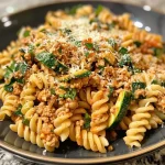 ['Close-up of Tuscan Turkey Pasta with zucchini and spinach in a bowl.', 'Juicy Tuscan Turkey Pasta featuring brown rice rotini and diced tomatoes.', 'Side view of a deliciously assembled Tuscan Turkey Pasta with fresh herbs.', 'Savory Tuscan Turkey Pasta topped with Parmesan and parsley, ready to serve.']