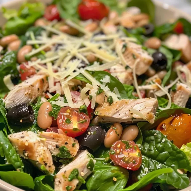 ['A close-up side view of a vibrant Tuscan Turkey Salad featuring leafy greens, turkey cubes, and assorted toppings.', 'Detail of a Tuscan Turkey Salad with colorful ingredients like cherry tomatoes, olives, and Parmesan cheese on a plate.', 'A fresh Tuscan Turkey Salad showcasing chopped romaine, spinach, and a drizzle of pesto vinaigrette in a bowl.', 'A delicious Tuscan Turkey Salad filled with cooked turkey, beans, and vegetables, garnished with Parmesan shavings.']