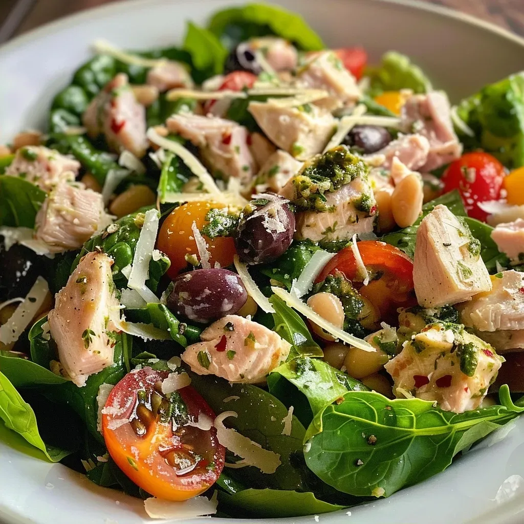 ['A close-up side view of a vibrant Tuscan Turkey Salad featuring leafy greens, turkey cubes, and assorted toppings.', 'Detail of a Tuscan Turkey Salad with colorful ingredients like cherry tomatoes, olives, and Parmesan cheese on a plate.', 'A fresh Tuscan Turkey Salad showcasing chopped romaine, spinach, and a drizzle of pesto vinaigrette in a bowl.', 'A delicious Tuscan Turkey Salad filled with cooked turkey, beans, and vegetables, garnished with Parmesan shavings.']