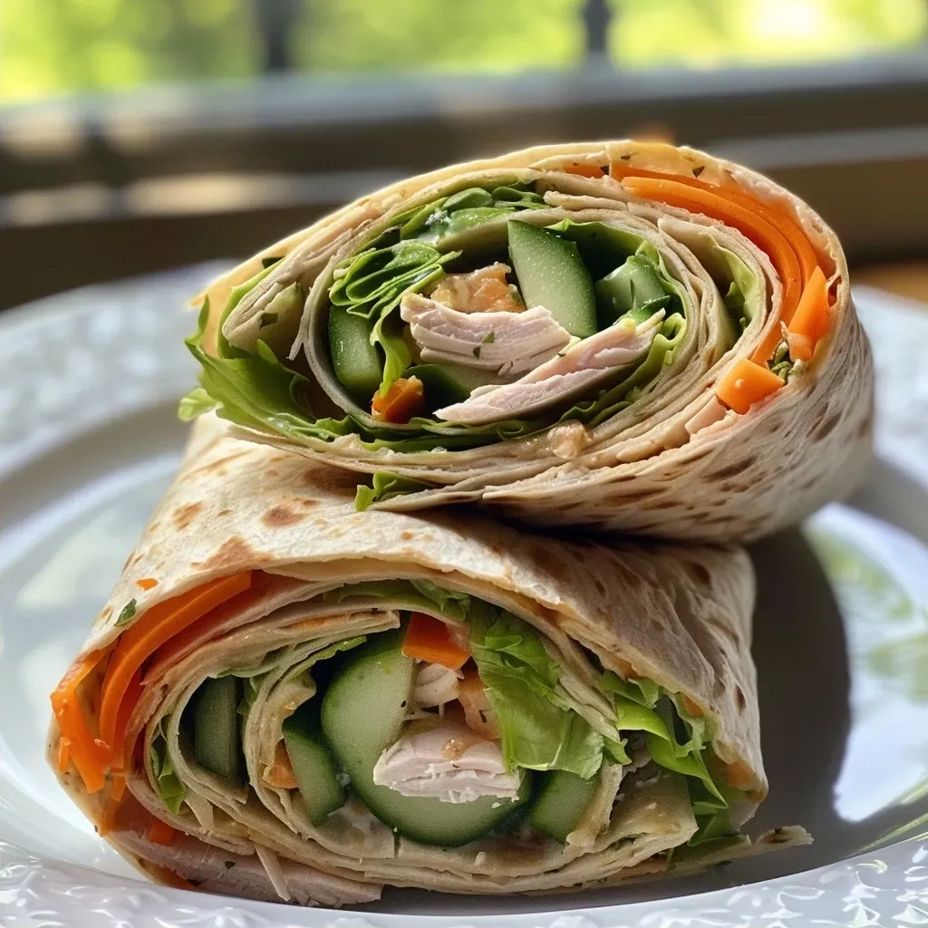 A close-up view of a Tuscan Turkey Wrap showcasing layers of ingredients.