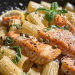 ['Close-up of Light Lemon Garlic Pasta with Salmon, featuring rigatoni and fresh herbs.', 'Side view of a bowl of Light Lemon Garlic Pasta topped with salmon and garnished with basil.', 'Delicious pasta dish with salmon, lemon zest, and capers showcased in a vibrant presentation.', 'Juicy Light Lemon Garlic Pasta with salmon and Parmesan cheese, presented in a refined manner.']