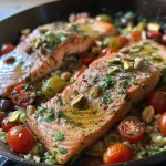 ['Close-up view of a Mediterranean salmon skillet with colorful ingredients.', 'Juicy salmon fillets nestled among cherry tomatoes and fennel in a skillet.', 'A vibrant Mediterranean-style dish featuring salmon and couscous, garnished with parsley.', 'Side perspective of a skillet filled with salmon, vegetables, and olives ready to serve.']