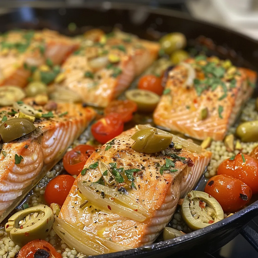 ['Close-up view of a Mediterranean salmon skillet with colorful ingredients.', 'Juicy salmon fillets nestled among cherry tomatoes and fennel in a skillet.', 'A vibrant Mediterranean-style dish featuring salmon and couscous, garnished with parsley.', 'Side perspective of a skillet filled with salmon, vegetables, and olives ready to serve.']
