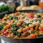 ['A close-up view of a skillet filled with Tuscan turkey and white beans, vibrant with colors from mixed vegetables.', 'Juicy Tuscan turkey and white bean skillet, showcasing ground turkey, kale, and tomatoes in a cast-iron pan.', 'Overhead perspective of a delicious Tuscan turkey dish with white beans, garnished with herbs, in a rustic skillet.', 'A hearty Tuscan turkey and white bean meal, featuring creamy textures and vibrant greens, served in a skillet.']