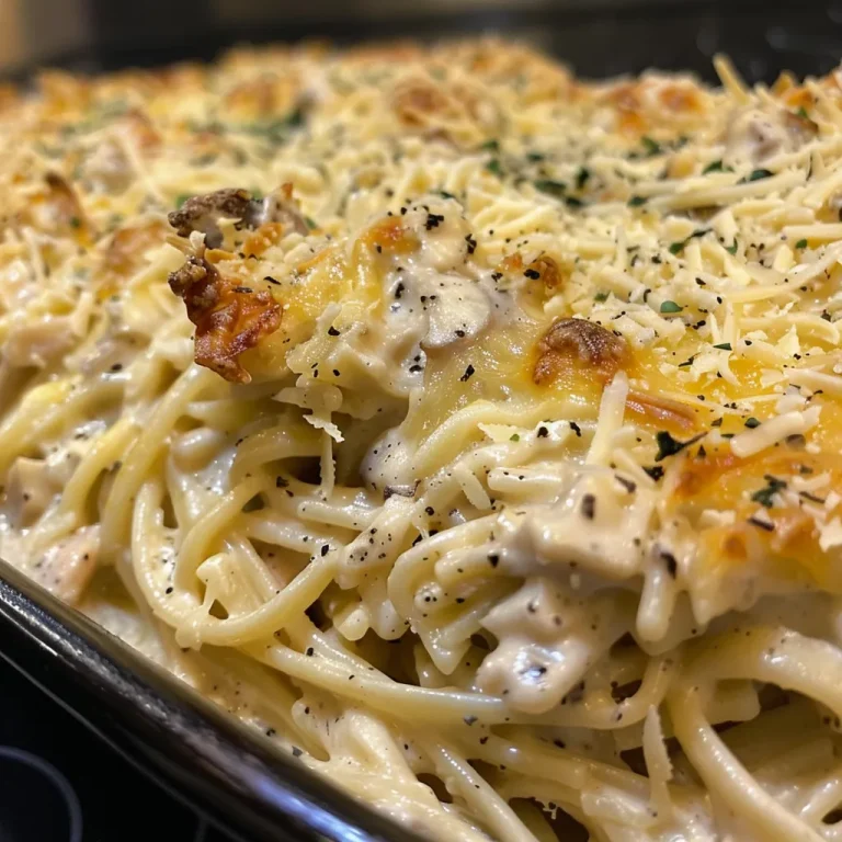 ['Close-up view of a slice of Turkey Tetrazzini Casserole with creamy sauce and pasta.', 'Side view of a Turkey Tetrazzini Casserole showing layers of turkey and cheese.', 'Detailed image of Turkey Tetrazzini Casserole, highlighting pasta and melted cheese.', 'Juicy Turkey Tetrazzini Casserole served in a dish, featuring a golden cheese top.']
