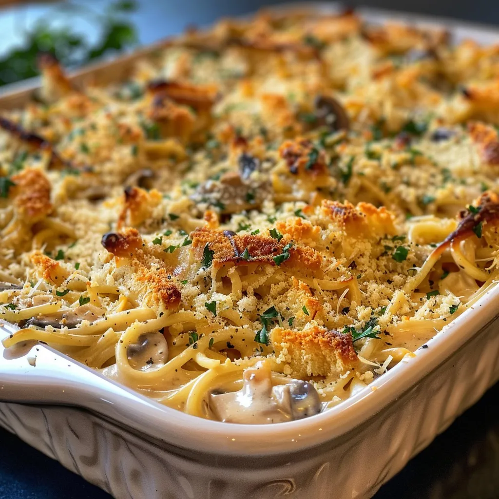 Close-up view of a slice of Turkey Tetrazzini Casserole with creamy sauce and pasta.