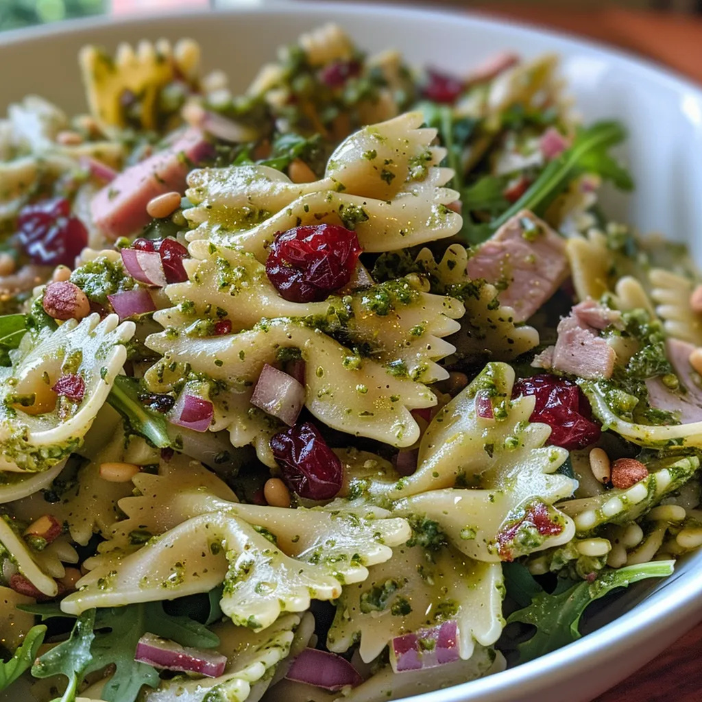['Close-up view of Lemon Pesto Turkey Pasta with vibrant colors and fresh ingredients.', 'Juicy Lemon Pesto Turkey Pasta featuring bow tie pasta and a garnish of lemon zest.', 'Side view capturing a bowl of Lemon Pesto Turkey Pasta with chopped turkey and basil.', 'Dish of Lemon Pesto Turkey Pasta, showcasing the creamy pesto sauce and fresh herbs.']