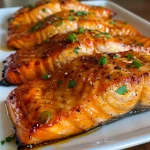['Close-up view of juicy oven-baked buffalo salmon fillet garnished with fresh herbs.', 'Side shot of a deliciously glazed buffalo salmon fillet with green onions on top.', 'Succulent oven-baked salmon coated in spicy buffalo sauce, presented beautifully on a plate.', 'Detailed view of baked salmon fillet, showcasing its vibrant orange color and herb toppings.']