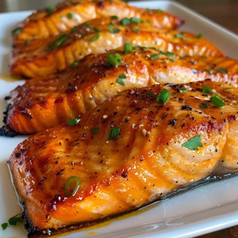 ['Close-up view of juicy oven-baked buffalo salmon fillet garnished with fresh herbs.', 'Side shot of a deliciously glazed buffalo salmon fillet with green onions on top.', 'Succulent oven-baked salmon coated in spicy buffalo sauce, presented beautifully on a plate.', 'Detailed view of baked salmon fillet, showcasing its vibrant orange color and herb toppings.']