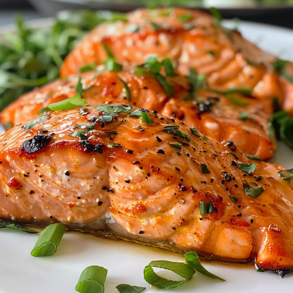 Close-up view of juicy oven-baked buffalo salmon fillet garnished with fresh herbs.