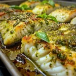 ['Close-up view of baked cod fillet topped with pesto and grated parmesan.', 'Side angle of juicy pesto parmesan baked cod garnished with fresh basil.', 'Fresh cod fillet elegantly baked with a golden pesto parmesan crust.', 'Deliciously baked cod with a vibrant green pesto layer and cheese topping.']