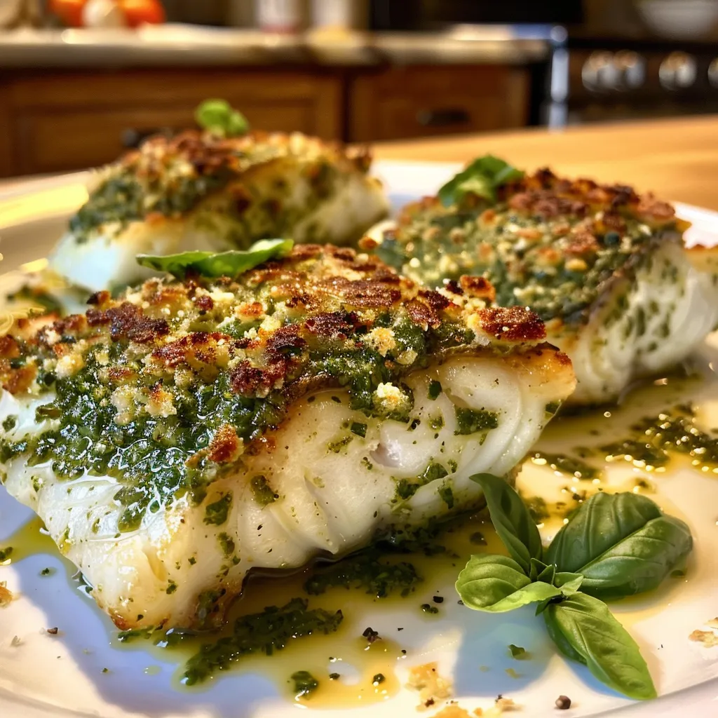 Close-up view of baked cod fillet topped with pesto and grated parmesan.