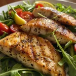 ['Close-up view of a pan-seared tilapia salad with cherry tomatoes and arugula.', 'Juicy tilapia fillets atop a bed of arugula and cherry tomatoes, garnished with lemon.', 'Deliciously arranged tilapia salad featuring vibrant greens and a lemon-garlic dressing.', 'A colorful plate of pan-seared tilapia salad with fresh ingredients, highlighting the fish.']