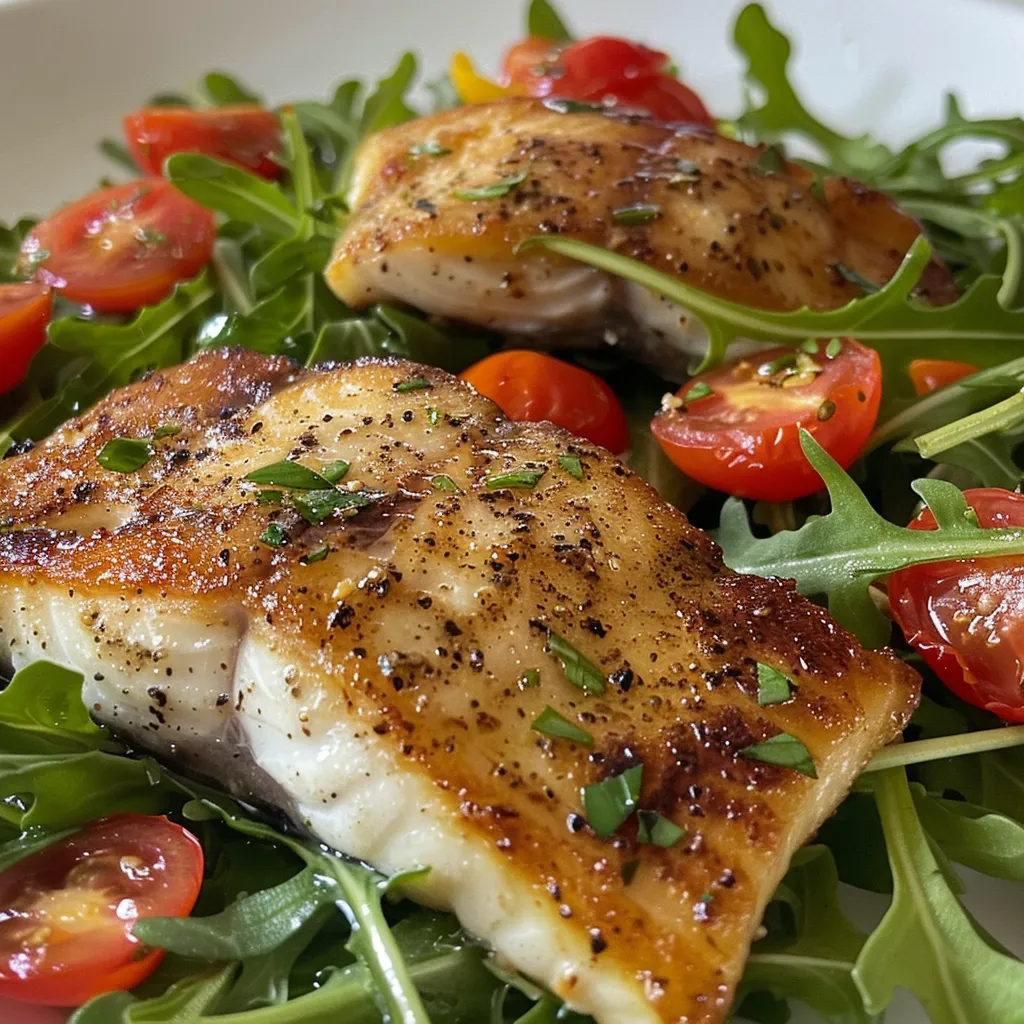 ['Close-up view of a pan-seared tilapia salad with cherry tomatoes and arugula.', 'Juicy tilapia fillets atop a bed of arugula and cherry tomatoes, garnished with lemon.', 'Deliciously arranged tilapia salad featuring vibrant greens and a lemon-garlic dressing.', 'A colorful plate of pan-seared tilapia salad with fresh ingredients, highlighting the fish.']
