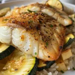 ['Close-up view of golden zucchini wrapped around juicy cod on a bed of garlic cilantro rice.', 'A plated dish featuring cod fillets wrapped in thin slices of golden zucchini, with garlic cilantro rice beneath.', 'Side angle of a delicious meal showcasing cod and zucchini garnished with fresh herbs on a rice base.', 'Detailed image of a succulent cod dish wrapped in zucchini slices, served over flavored rice.']