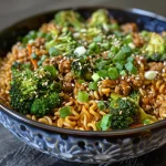 ['Close-up of high protein teriyaki noodles with broccoli and ground turkey.', 'Side view of a bowl of teriyaki noodles topped with green onions and sesame seeds.', 'Juicy high protein teriyaki noodles featuring vibrant broccoli florets.', 'Detailed shot of teriyaki noodles with ground chicken, garnished with sesame seeds.']