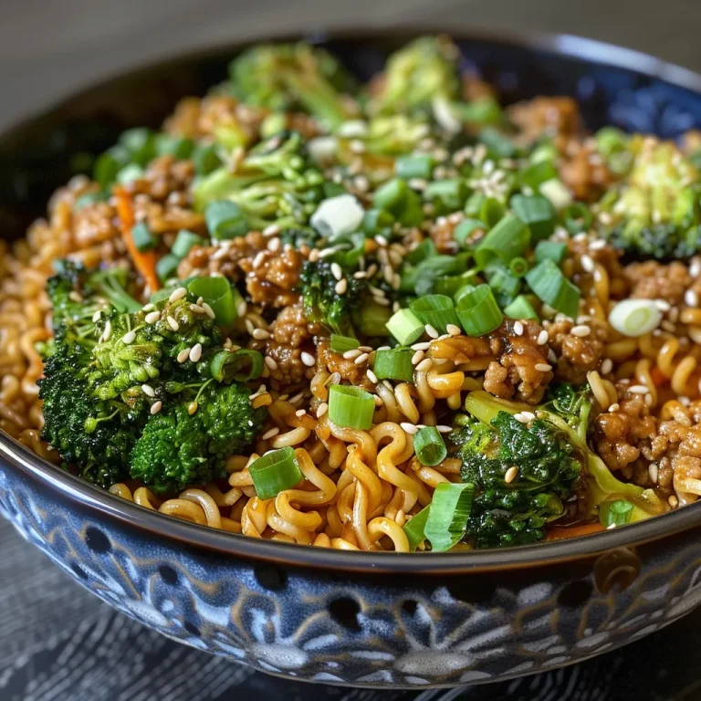 ['Close-up of high protein teriyaki noodles with broccoli and ground turkey.', 'Side view of a bowl of teriyaki noodles topped with green onions and sesame seeds.', 'Juicy high protein teriyaki noodles featuring vibrant broccoli florets.', 'Detailed shot of teriyaki noodles with ground chicken, garnished with sesame seeds.']