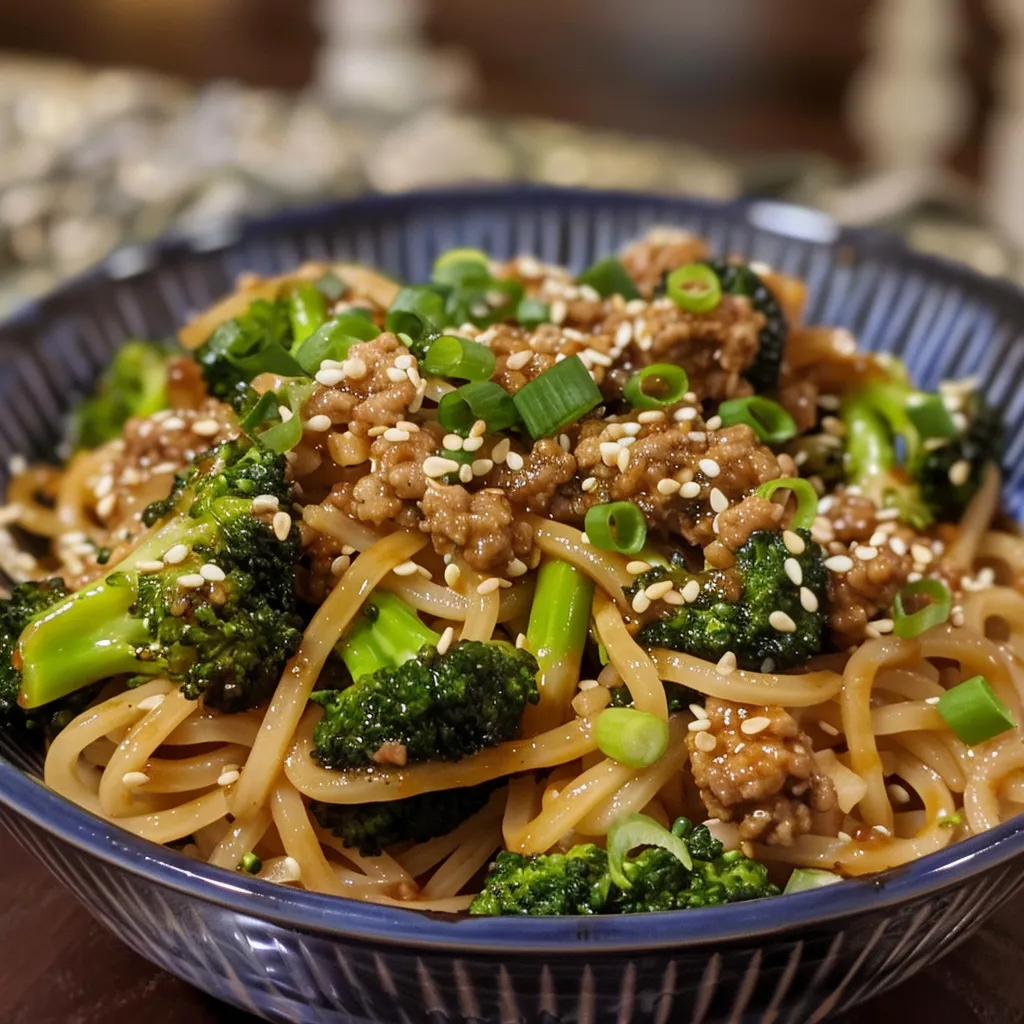 Close-up of high protein teriyaki noodles with broccoli and ground turkey.