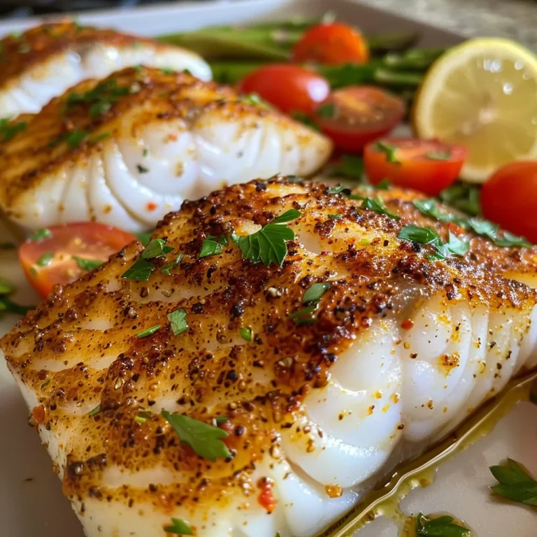 ['Close-up side view of juicy Baked Cajun Cod fillet on a plate with tomatoes and asparagus.', 'Richly seasoned Baked Cajun Cod alongside fresh lemon wedges and vibrant vegetables.', 'Delicious Baked Cajun Cod garnished with parsley, served with halved plum tomatoes and asparagus.', 'Tantalizing close-up of Baked Cajun Cod topped with sliced butter and spices, with colorful sides.']