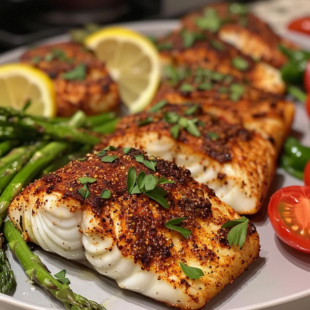 ['Close-up side view of juicy Baked Cajun Cod fillet on a plate with tomatoes and asparagus.', 'Richly seasoned Baked Cajun Cod alongside fresh lemon wedges and vibrant vegetables.', 'Delicious Baked Cajun Cod garnished with parsley, served with halved plum tomatoes and asparagus.', 'Tantalizing close-up of Baked Cajun Cod topped with sliced butter and spices, with colorful sides.']