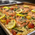 ['Close-up of a golden-brown Lemony Baked Salmon Orzo Casserole with cherry tomatoes and asparagus.', 'Side view of a vibrant casserole featuring salmon, orzo, and fresh herbs, garnished with lemon zest.', 'A mouthwatering close-up of baked salmon and vegetables in a creamy orzo dish, highlighting the juicy texture.', 'An appetizing view of an orzo casserole layered with salmon pieces, topped with dill and lemon slices.']