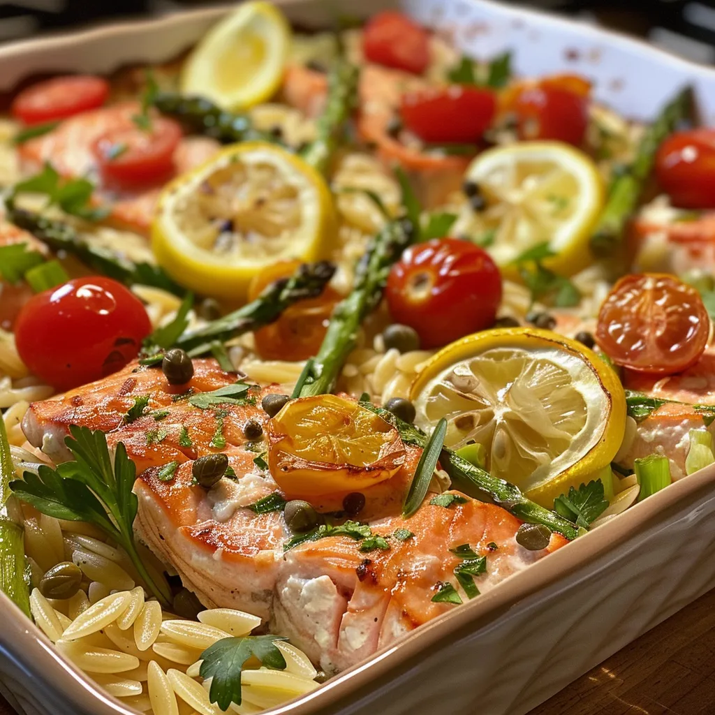 Close-up of a golden-brown Lemony Baked Salmon Orzo Casserole with cherry tomatoes and asparagus.