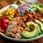 ['Close-up view of a Chipotle Chicken Cobb Salad featuring diced chicken, avocado, and colorful vegetables.', 'A detailed side view of a Chipotle Chicken Cobb Salad, showcasing sliced hard-boiled eggs and vibrant cherry tomatoes.', 'Close-up image of a fresh Chipotle Chicken Cobb Salad with layers of chicken, greens, and cheese.', 'Side view of a Chipotle Chicken Cobb Salad highlighting its colorful ingredients and creamy dressing.']