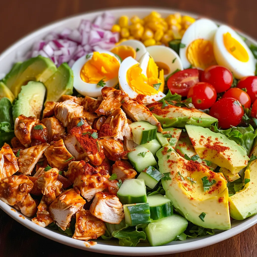 Close-up view of a Chipotle Chicken Cobb Salad featuring diced chicken, avocado, and colorful vegetables.