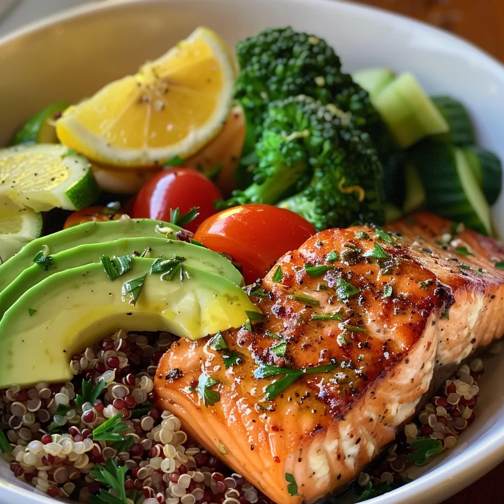 Close-up view of a Lemon Herb Salmon Quinoa Power Bowl with broccoli, avocado, and cherry tomatoes.