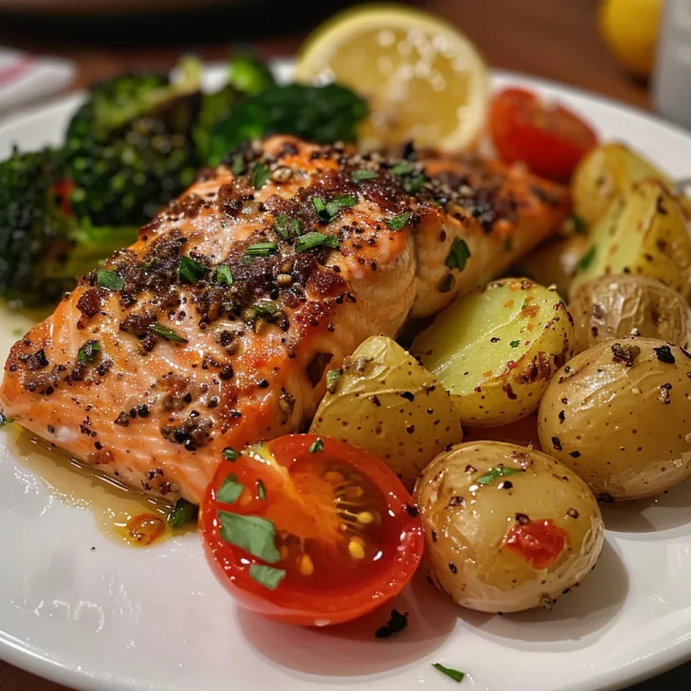 ["Close-up view of Za'atar Garlic Salmon with baby potatoes and broccoli.", "Juicy salmon fillet seasoned with Za'atar and garlic, surrounded by colorful vegetables.", "Side shot of Za'atar Garlic Salmon garnished with lemon and fresh vegetables.", "Deliciously plated Za'atar Garlic Salmon featuring broccoli and grape tomatoes."]