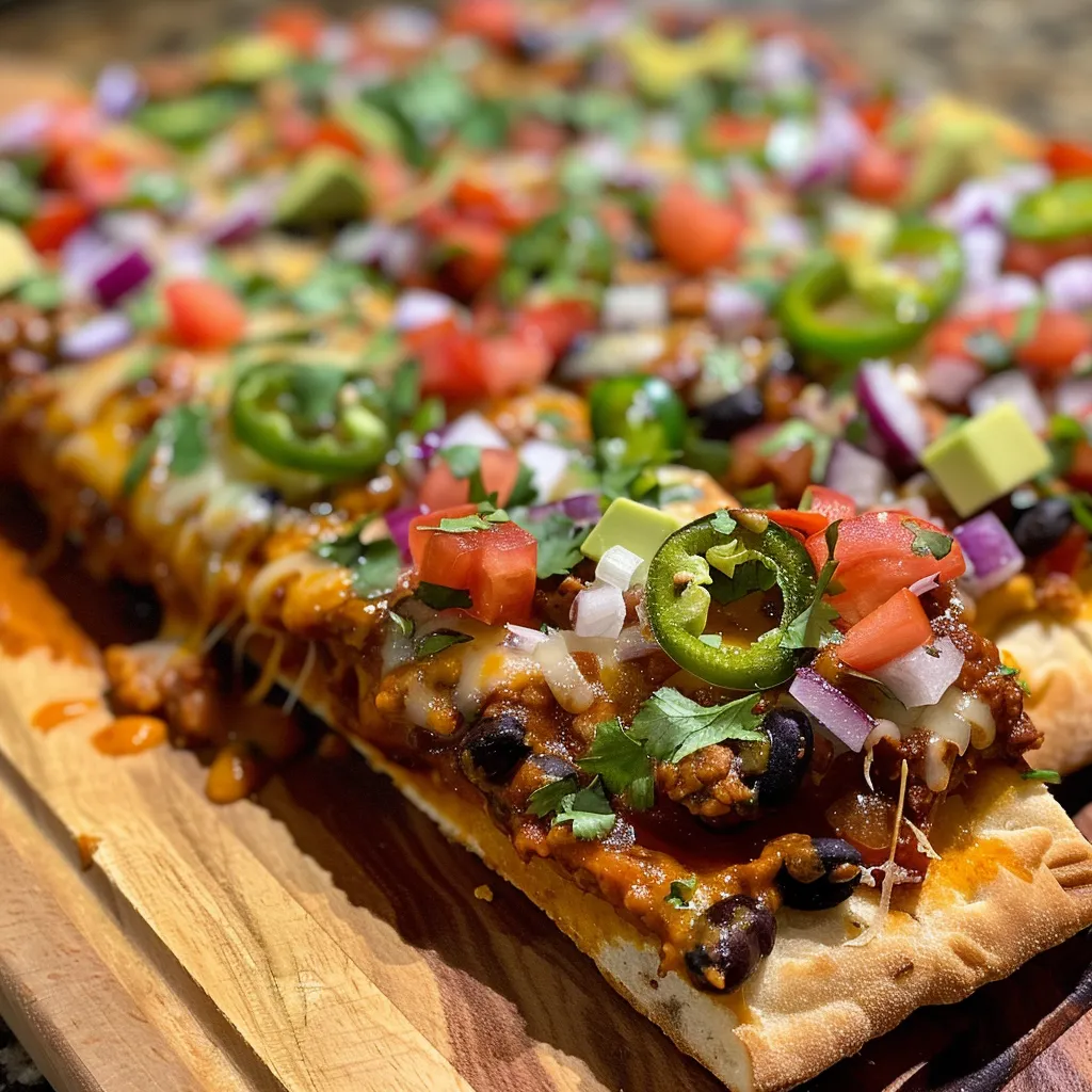 Close-up view of a Chipotle Flatbread Pizza topped with fresh ingredients.